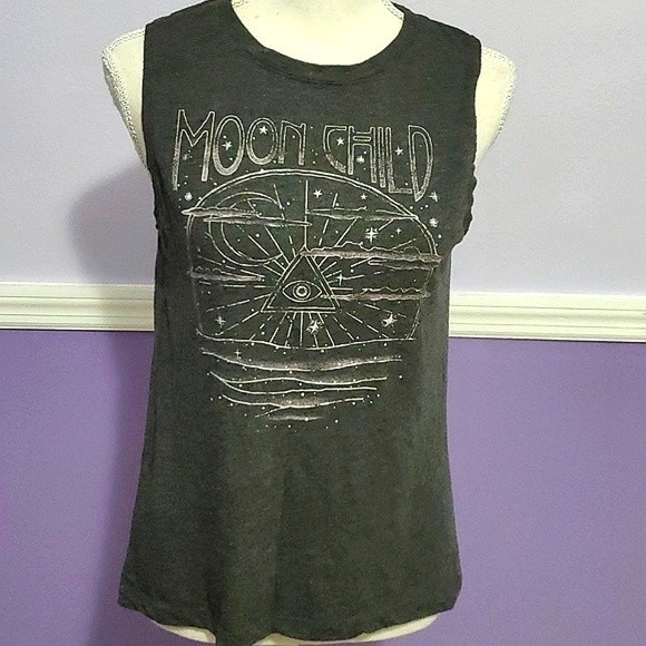 Modern Lux Grunge Charcoal Moon Child Zodiac Cosmos Graphic Muscle Tee Shirt - Picture 2 of 7